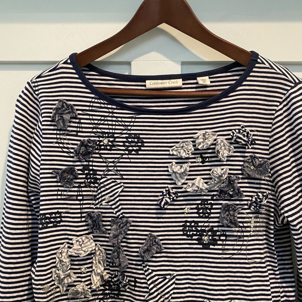 Coldwater Creek Top M Navy White Striped Mixed Media Sequin 3D‎